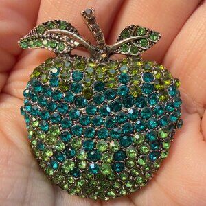 Apple Brooch Green Rhinestone Fruit Pin – 2” Tall